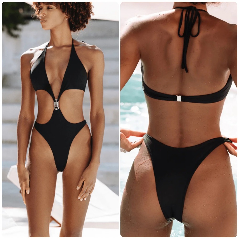 ALT. Swim Womens Zelda Black Gold Ring Cutout Monokini One Piece Swimsuit Size M